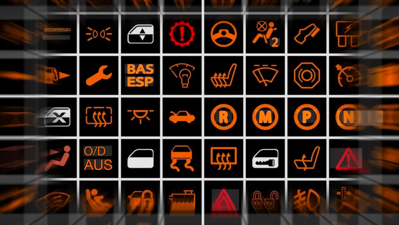 Tafel mit Warnleuchten aus dem Armaturenbrett: Motorkontrollleuchte, Bremse, Airbag, ABS und weitere Symbole in Orange und Rot auf schwarzem Grund